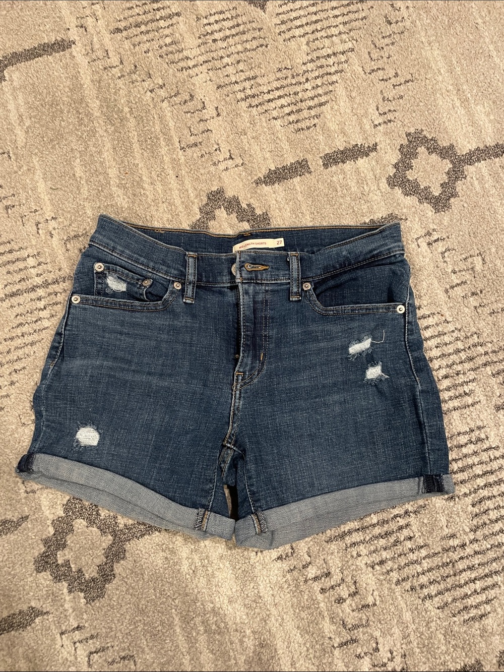 Levi's Dark Blue Distressed Roll-Cuff Jean Shorts